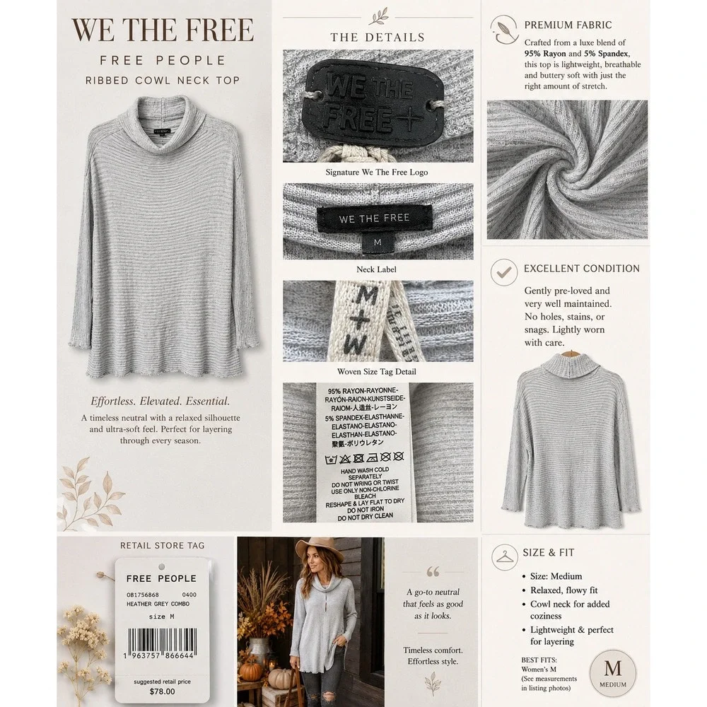 Free People We The Free Medium Gray Lover Rib Cowl Neck Split Back Boho Tunic